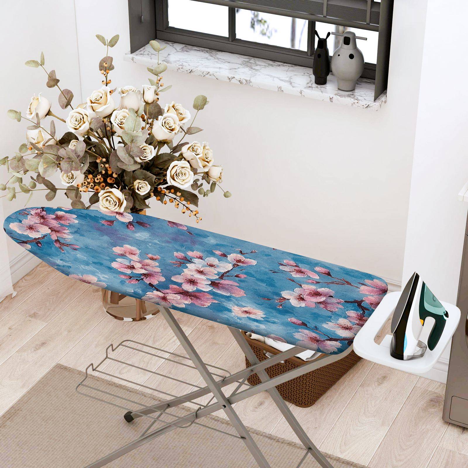 1-Piece Floral Blue Pink Blossom  Ironing Board Cover, Universal Size, Without Board