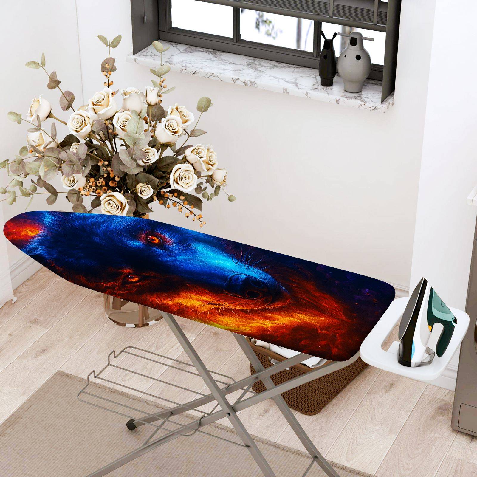 1-Piece Wolf Fiery Blue Abstract  Ironing Board Cover, Universal Size, Without Board