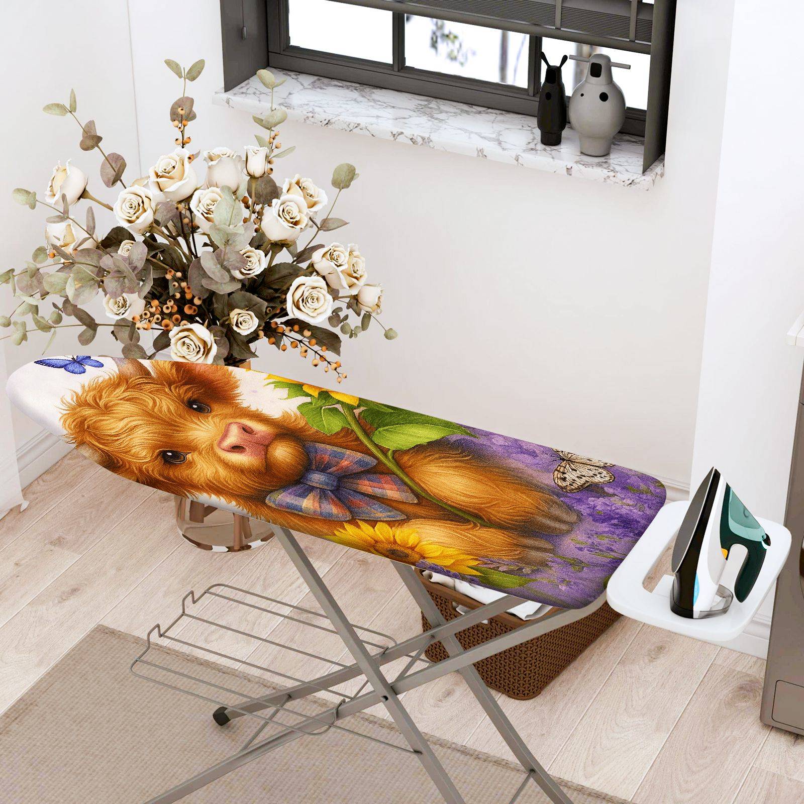 1-Piece Cow Art Floral Animal  Ironing Board Cover, Universal Size, Without Board
